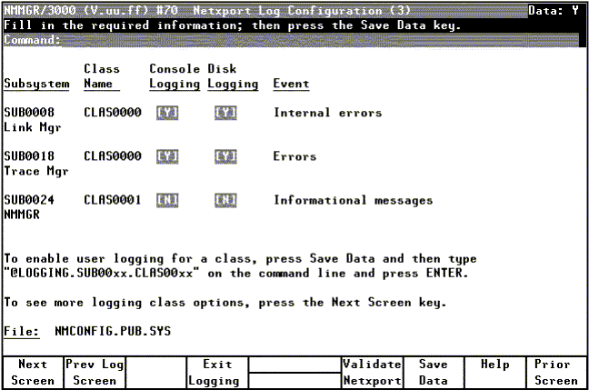 [Netxport Log Configuration (3) Screen]