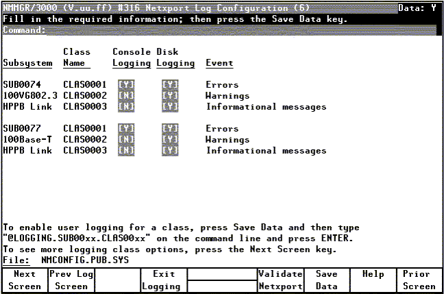 [Netxport Log Configuration (6) Screen]