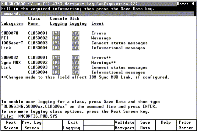 [Netxport Log Configuration (7) Screen]
